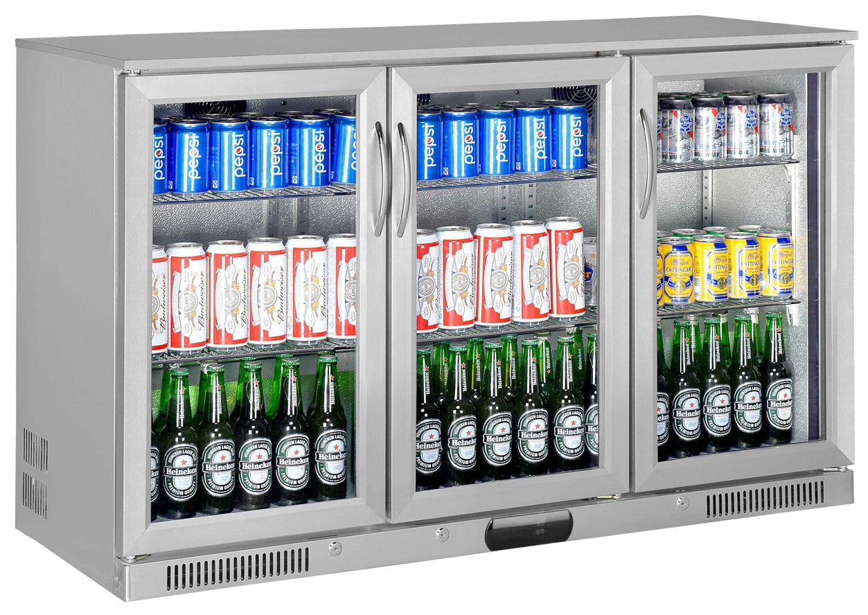 Tropical Rated Triple Glazed 3-Door Commercial Glass Bar Fridge Beer Cooler Under Counter Wine Fridge 318L