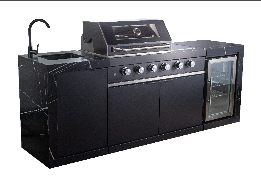 Floor Stock Rockpool Black 4B + Wok: Designer Black Outdoor BBQ Kitchen Package inc Fridge & Sink