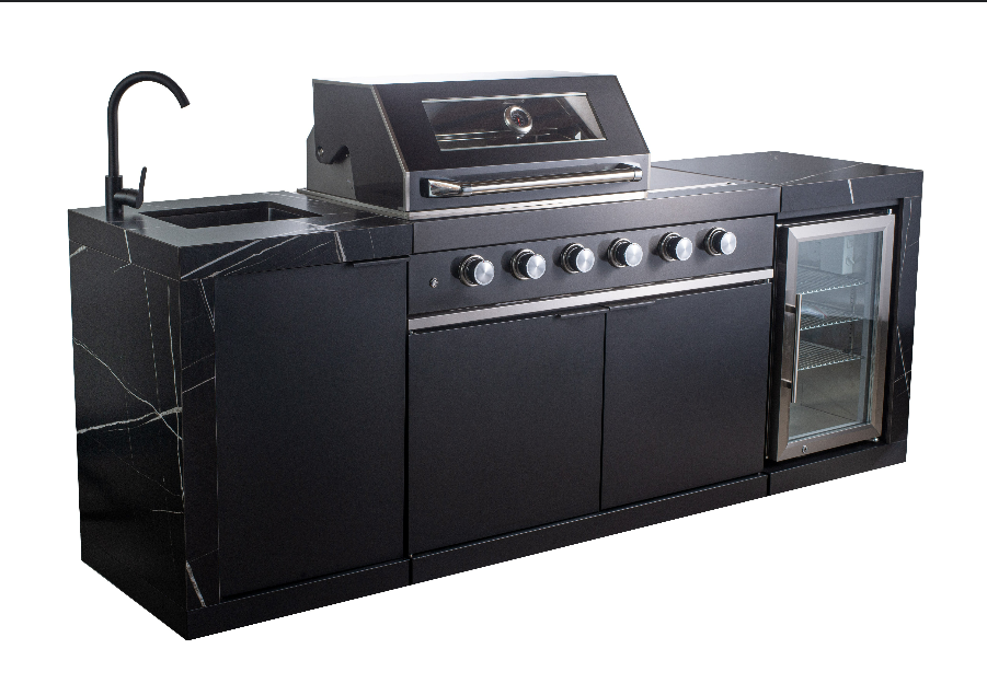 Rockpool Black 4B + Wok: Designer Black Outdoor BBQ Kitchen Package inc Fridge & Sink