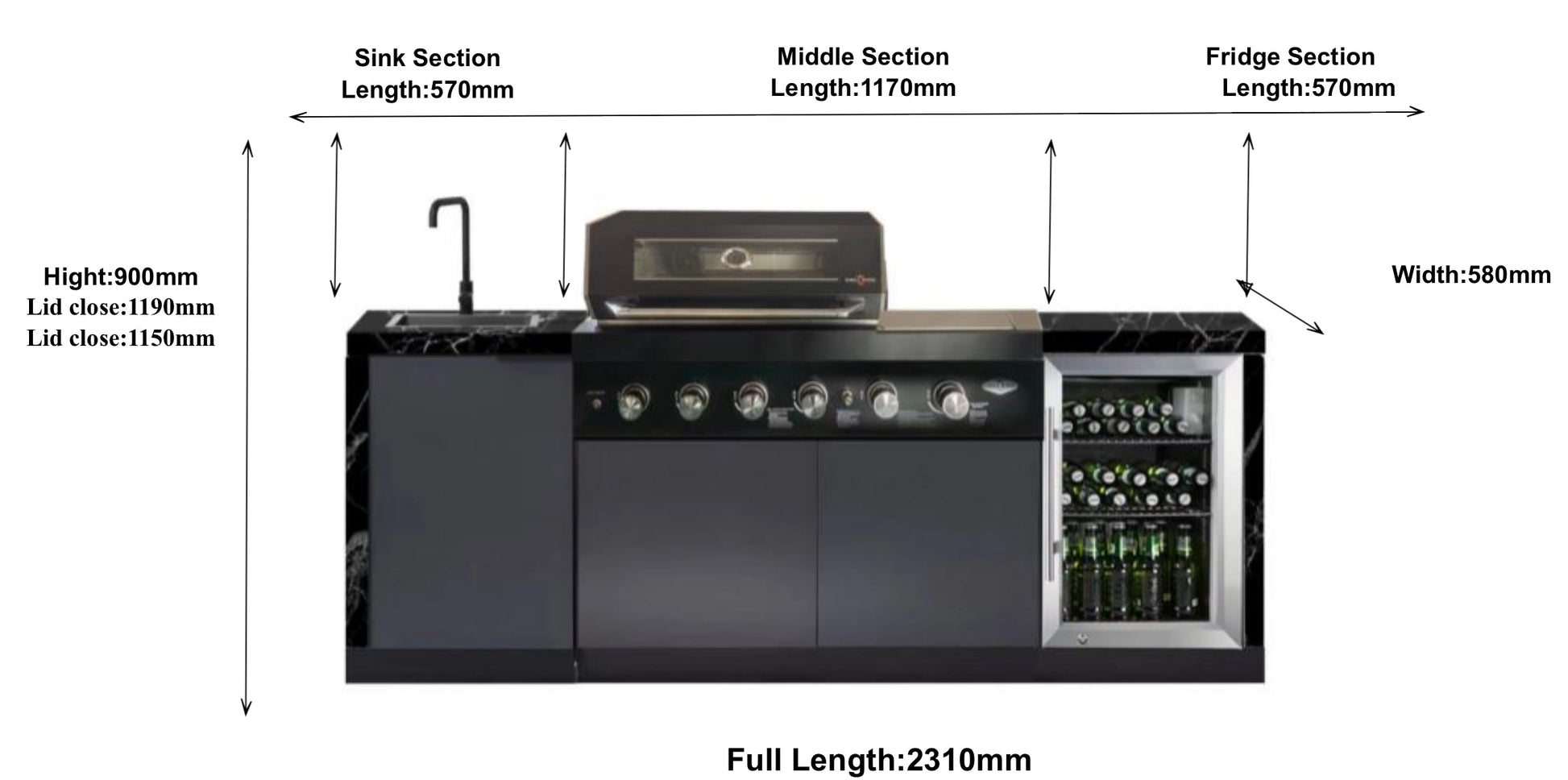 Rockpool Black 4B + Wok: Designer Black Outdoor BBQ Kitchen Package inc Fridge & Sink