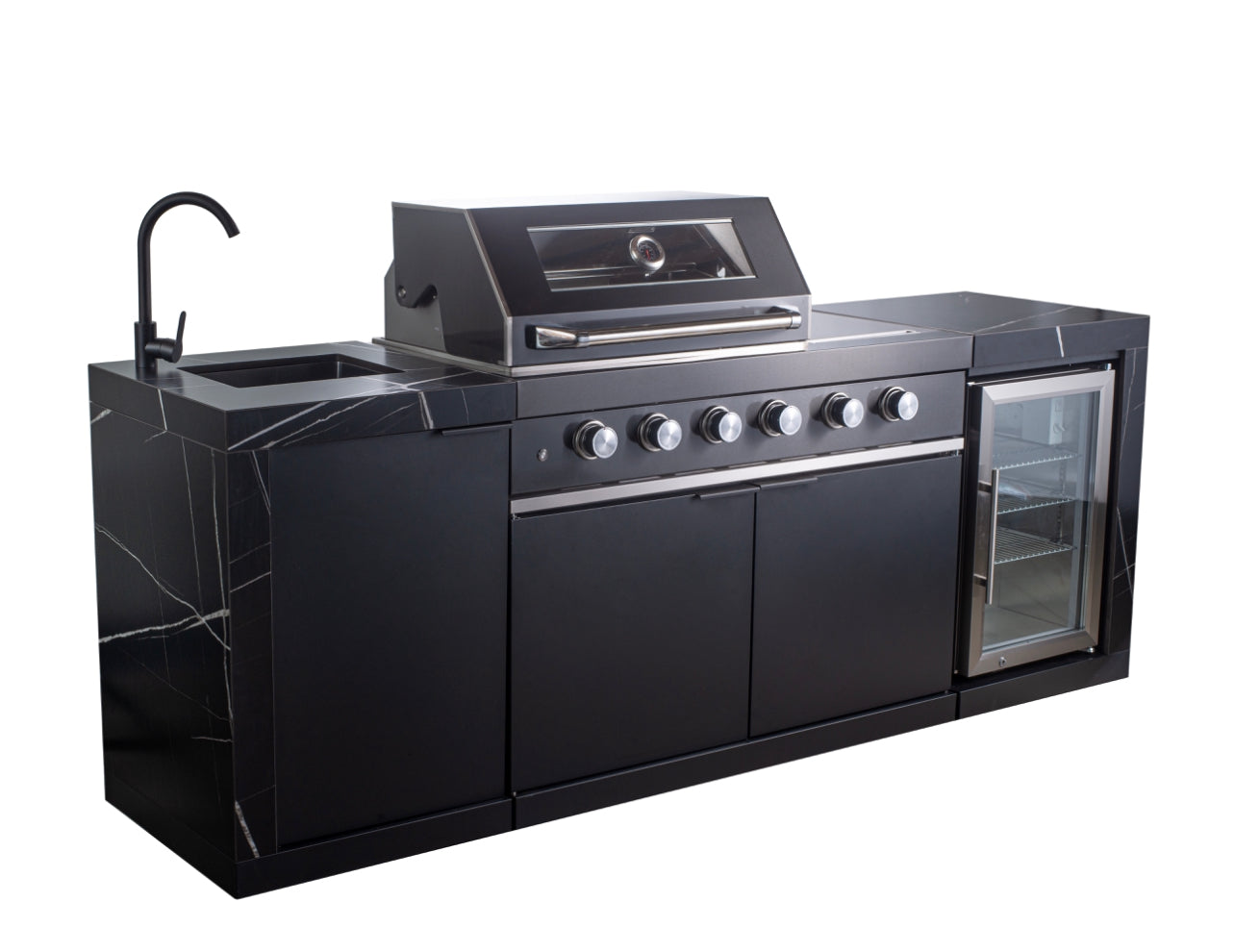 Floor Stock Rockpool Black 4B + Wok: Designer Black Outdoor BBQ Kitchen Package inc Fridge & Sink