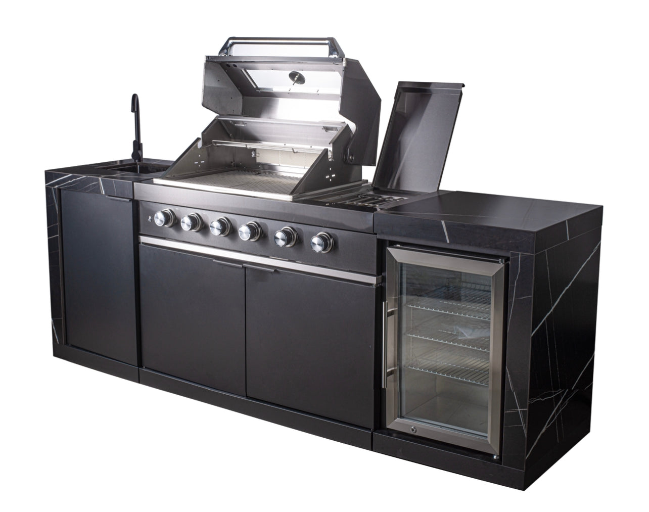 Rockpool Black 4B + Wok: Designer Black Outdoor BBQ Kitchen Package inc Fridge & Sink